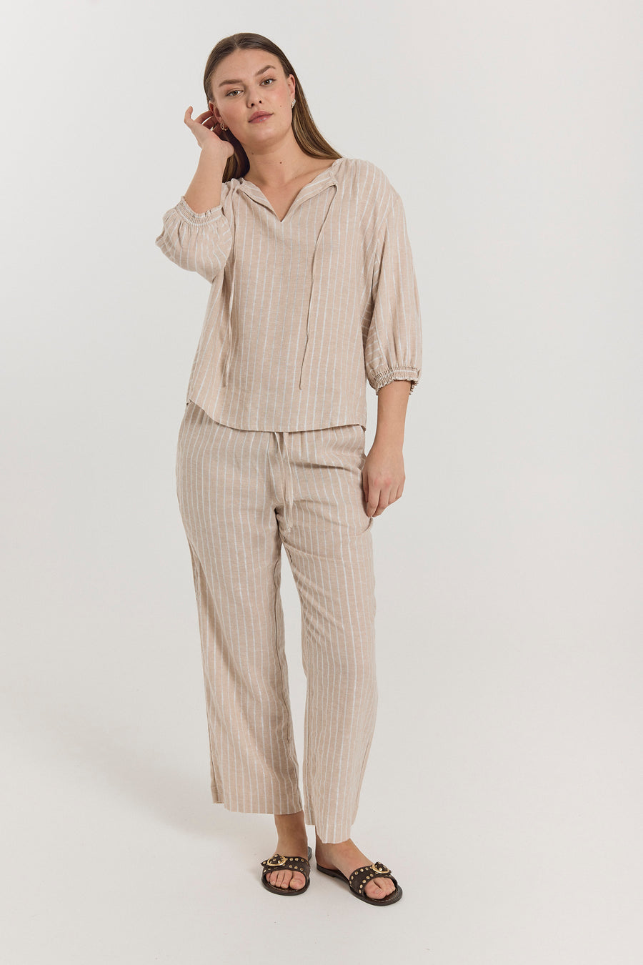 FQLALUX - STRIPED BLOUSE - BEIGE AND WHITE