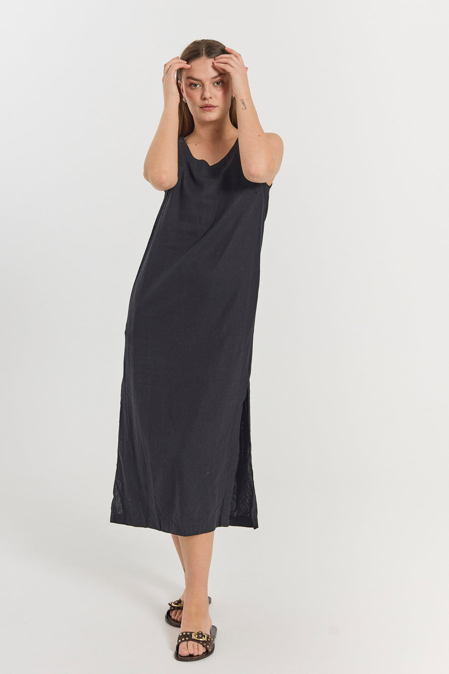 FQLALUNA - LINEN DRESS - BLACK
