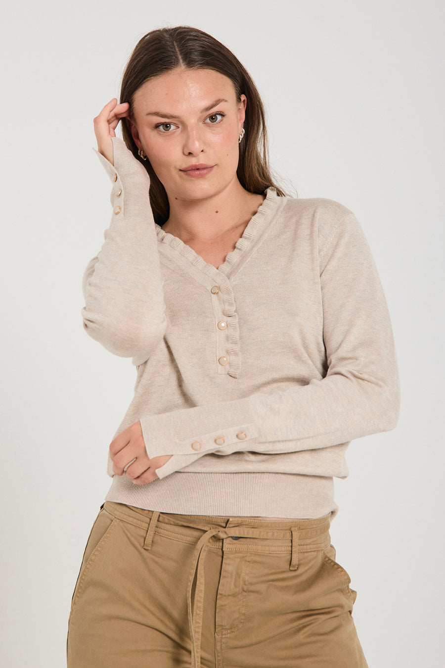 FQKATIE -FQKATIE - Fijne breated pullover met ruches - Beige