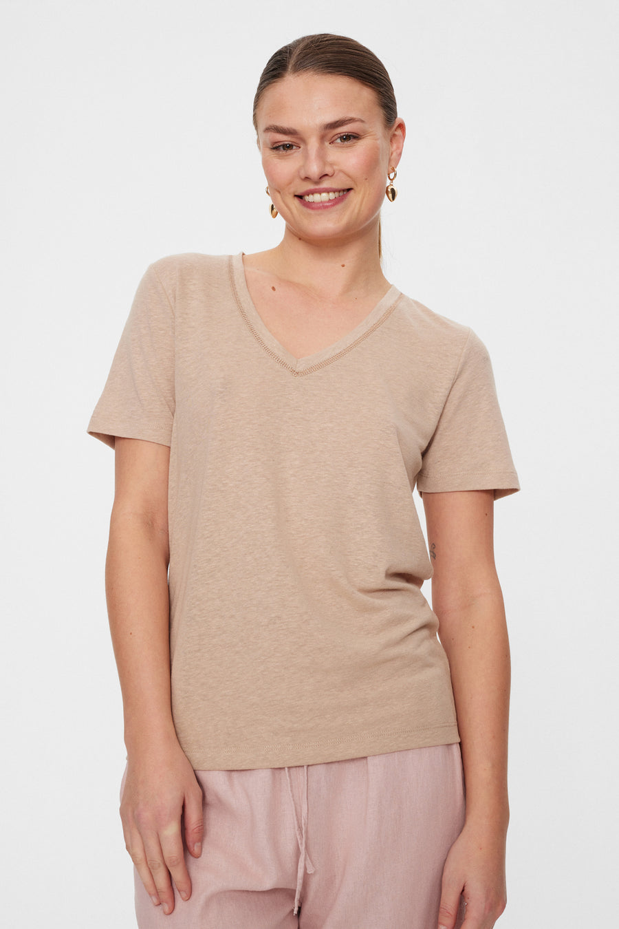 FQHILLE - LINEN BLEND T-SHIRT WITH V-NECK - BEIGE