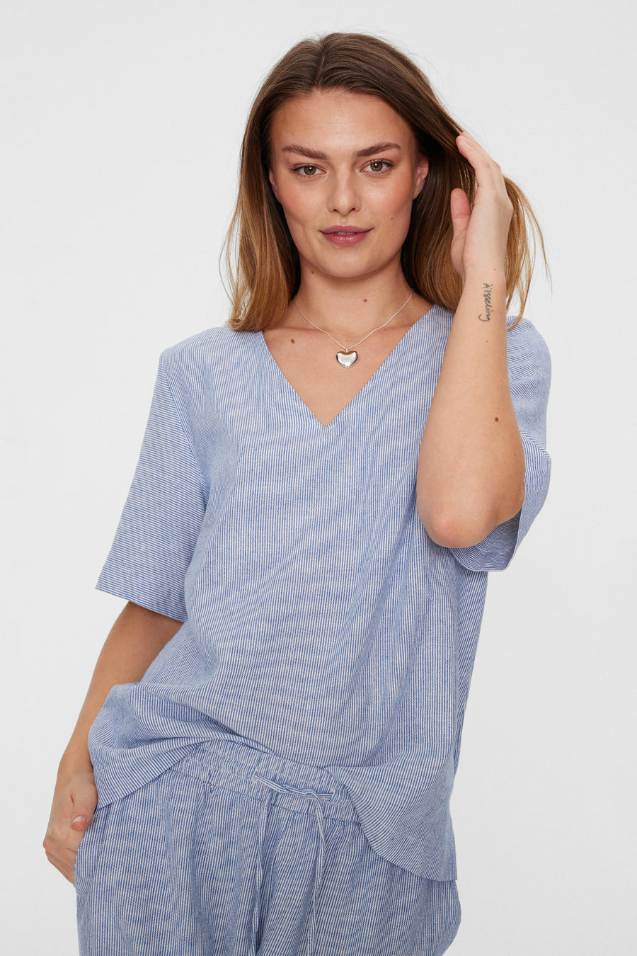 FQLAVA - LINEN BLOUSE WITH STRIPES - WHITE AND BLUE