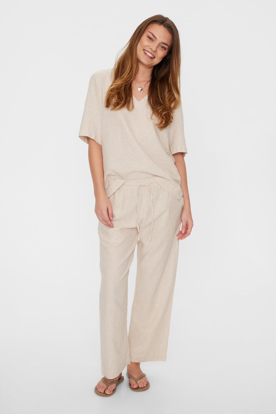 FQLAVA - STRIPED LINEN PANTS - WHITE AND BEIGE