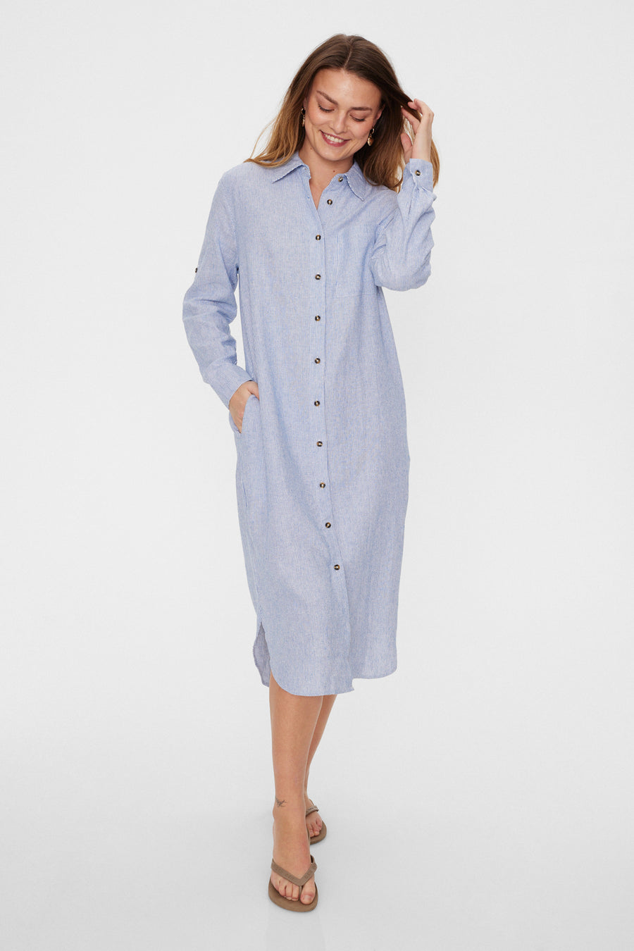 FQLAVA - STRIPED LINEN DRESS - WHITE AND BLUE