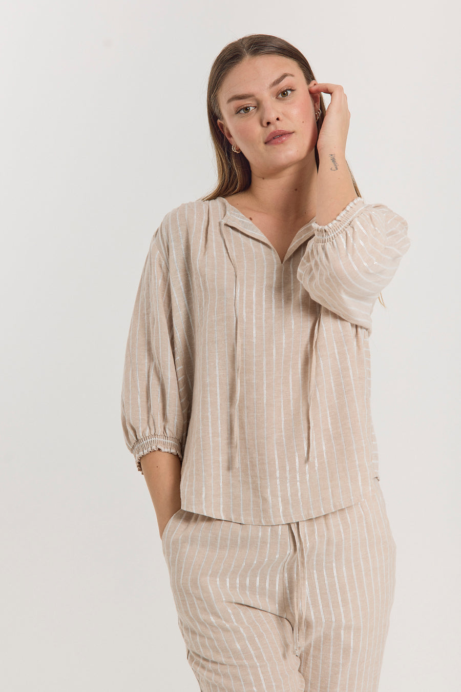 FQLALUX - STRIPED BLOUSE - BEIGE AND WHITE