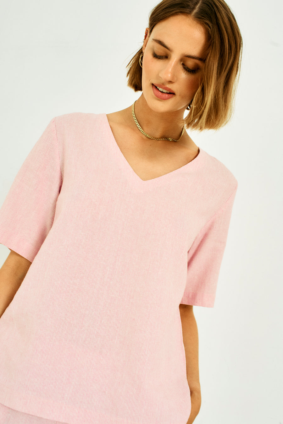 FQLAVA - STRIPED LINEN BLOUSE - WHITE AND ROSE