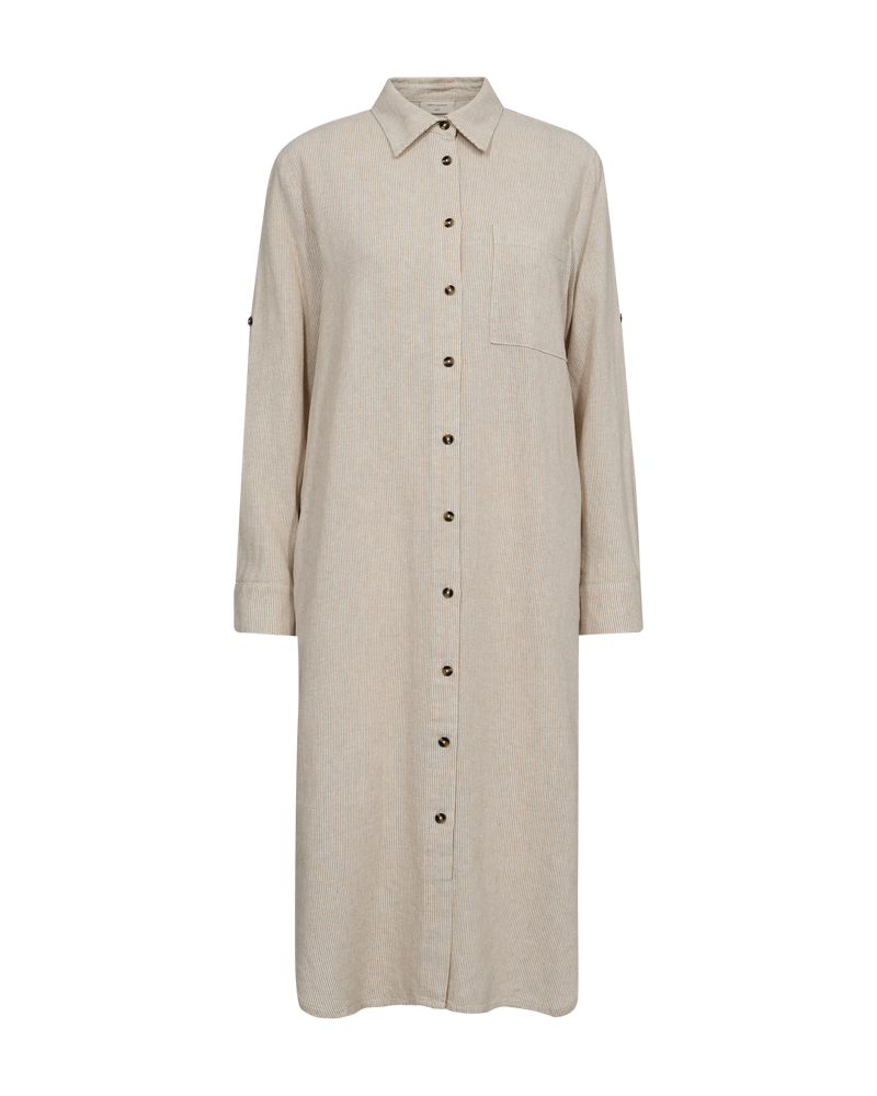FQLAVA - STRIPED LINEN DRESS - WHITE AND BEIGE